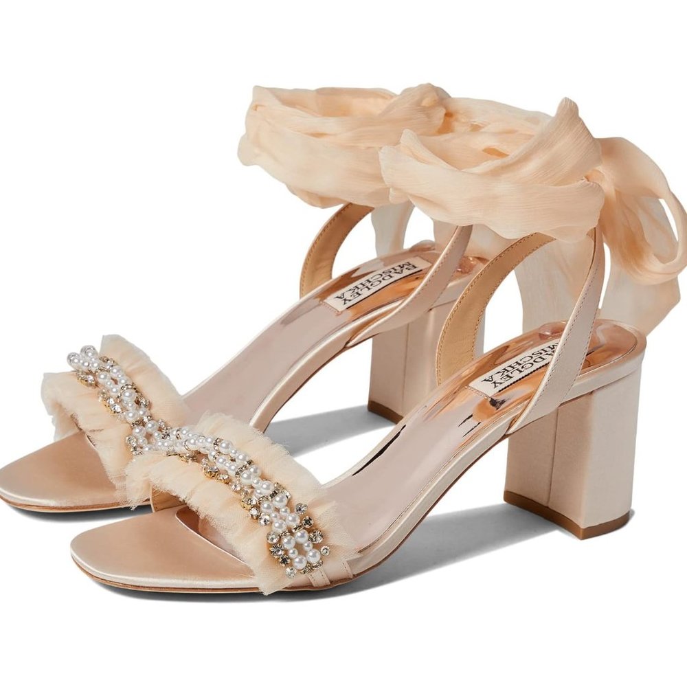 BADGLEY MISCHKA Tana Block Heel Sandals With Chiffon in Soft Nude - Size 11